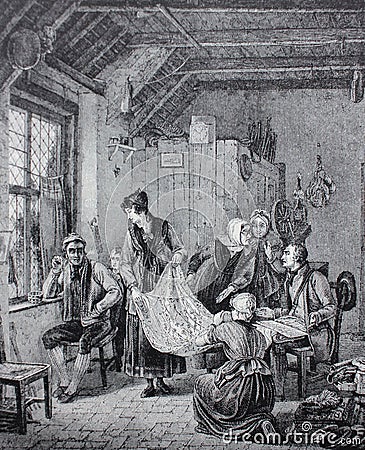 `The purchase of the dress` by Vilke in the vintage book The Painting History, by R. Muter, 1900 Stock Photo