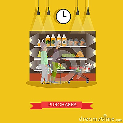 Purchase of groceries vector illustration in flat style. Vector Illustration