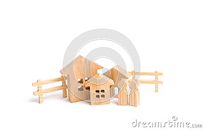 Purchase and sale of real estate, investment. Construction of farms of industrial complexes. Wooden houses and people Stock Photo