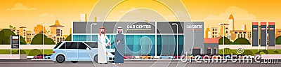 Purchase Sale Or Rental Center Arab Seller Man Giving Keys To Owner Car Showroom Background Horizontal Banner Vector Illustration