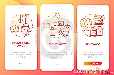 Purchasers types onboarding mobile app page screen with concepts Vector Illustration
