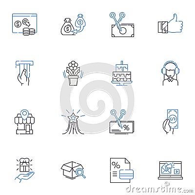 Purchasing adventure line icons collection. Expedition, Trek, Quest, Journey, Excursion, Odyssey, Safari vector and Vector Illustration