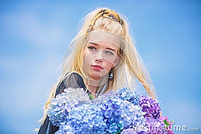 Pure beauty. Tenderness of young skin. Beauty of spring season. Girl tender blonde hold hydrangea bouquet. Skin care and Stock Photo