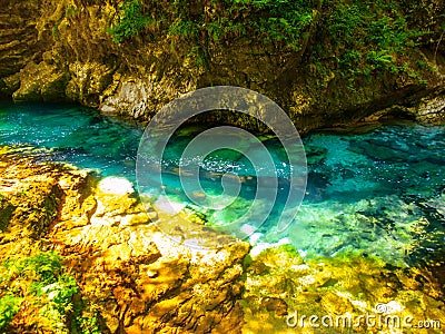 Pure blue water of Radovna river in Vintgar Gorge. Natural waterfalls, pools and rapids and tourist wooden path Stock Photo