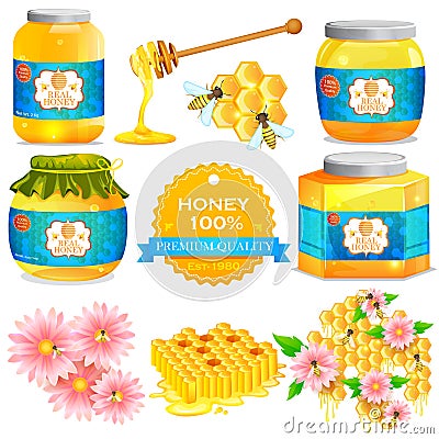 Pure Honey in bottle and jar with honeycomb Vector Illustration