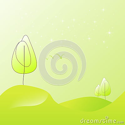 Pure illustration of summer landscape in shades of green tree Cartoon Illustration