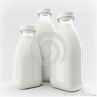 Pure milk beverage in pasteurized bottles is a natural food for a healthy, isolated on white background Stock Photo