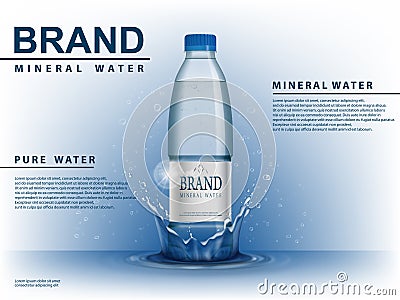 Pure mineral water ad, plastic bottle with water drop elements on blue background. Transparent Drinking water Bottle Vector Illustration