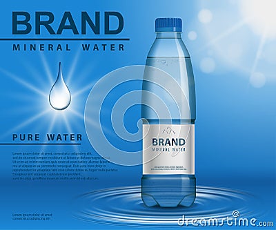 Pure mineral water ad, plastic bottle with water drop elements on blue background. Transparent container mockup, with Vector Illustration