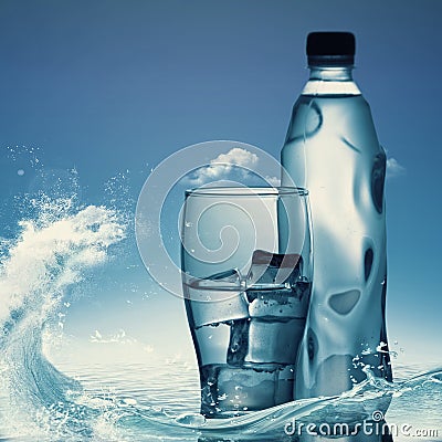 Pure mineral water against ocean surface Stock Photo