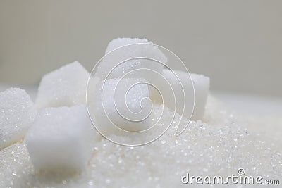 Pure refined sugar and sugar cubes. Sweet food ingredient, the d Stock Photo