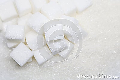 Pure refined sugar and sugar cubes. Sweet food ingredient, the d Stock Photo