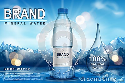 Pure sparkling water ad, plastic bottle with splash on snow with mountain background. Transparent Drinking water liquid Vector Illustration