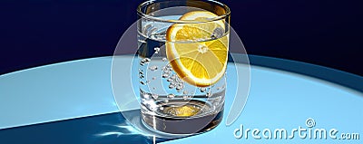 Ilustration photo a glass of pure water placing on the blue background. generative ai Stock Photo