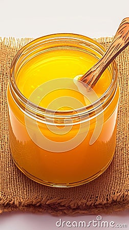 Pure Tup or Desi Ghee traditional clarified liquid butter. Stock Photo