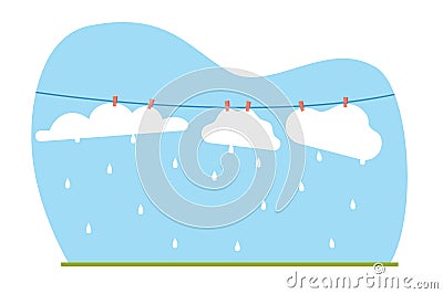 Pure white clouds hanging on clothesline. Rainy weather. Rain drops falling, blue sky. Meteorology sign, different Vector Illustration