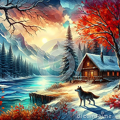 A pure wonder fantasy mountain, with a cabin, wolf and the beautiful lake in distance, autumns colors, changing seasons, wallpaper Stock Photo