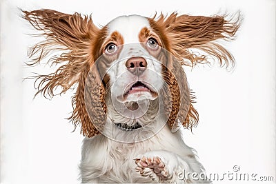 English cocker spaniel young dog is posing. Cute playful white-braun doggy or pet is playing ai generated Stock Photo