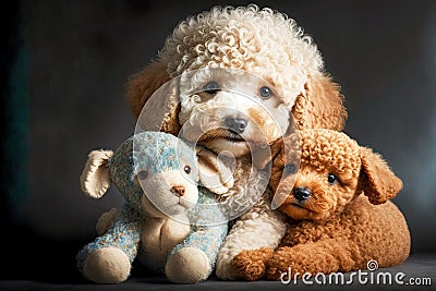 purebred breed portrait curly puy little poodles with soft toy Stock Photo