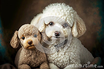 purebred breed portrait curly puy little poodles with soft toy Stock Photo