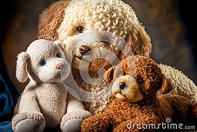 purebred breed portrait curly puy little poodles with soft toy Stock Photo