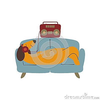 Purebred Brown Dachshund Dog Lying on Sofa and Listening Music with Headphones, Funny Playful Pet Animal Cartoon Vector Illustration