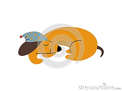 Purebred Brown Dachshund Dog Wearing Cap Sleeping, Funny Playful Pet Animal Cartoon Character Vector Illustration Vector Illustration