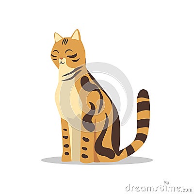 Purebred brown-spotted bengal cat. Cartoon domestic animal character with happy muzzle. Flat vector design for postcard Vector Illustration