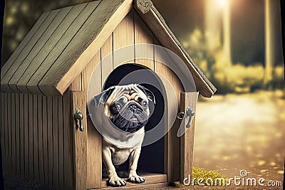 Purebred funny pug sitting in wooden doghouse Stock Photo