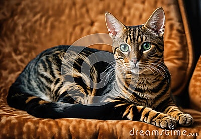 Purebred Toyger cat on the couch Stock Photo