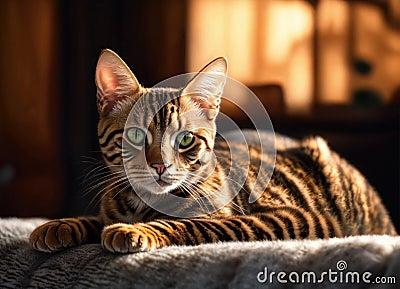 Purebred Toyger cat on the couch Stock Photo