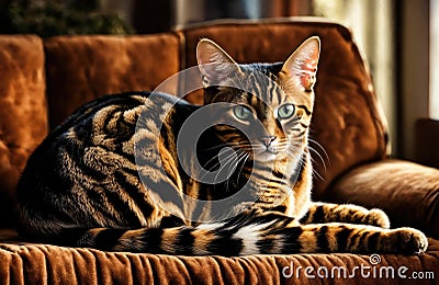 Purebred Toyger cat on the couch Stock Photo