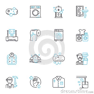 Purging linear icons set. Cleanse, Eliminate, Exorcise, Remove, Evacuate, Dump, Discard line vector and concept signs Vector Illustration
