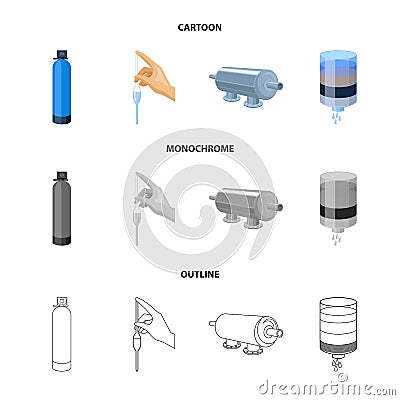 Purification, water, filter, filtration .Water filtration system set collection icons in cartoon,outline,monochrome Vector Illustration