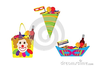 Purim baskets - clown hat, mask and clown face Vector Illustration