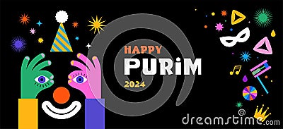 Purim Carnival, Happy Carnival, colorful geometric background with clown, splashes, speech bubbles, masks and confetti Vector Illustration