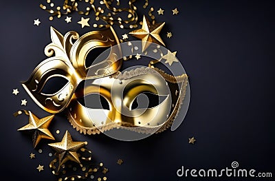 Purim carnival masks, top view. golden mask, gift box and confetti on black background, flatlay Stock Photo