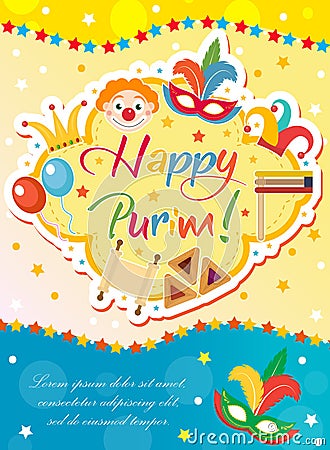 Purim carnival poster, invitation, flyer. Templates for your design with mask, hamantaschen, clown, balloons, Grager Vector Illustration