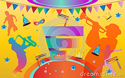 Purim 2023 abstract Jewish Holiday background with musicians and clowns festive elements background greeting card sign wallpaper Vector Illustration