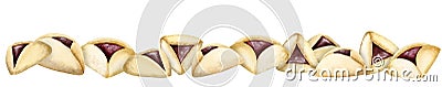 Purim horizontal banner with Haman ears, watercolor Hamantaschen cookies on white isolated background Stock Photo