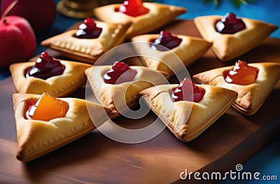 Purim pastries, national Jewish cuisine, traditional Jewish dish, homemade triangular pies with jam and berries, Stock Photo