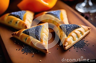 Purim pastries, traditional Jewish dish, national Jewish cuisine, homemade triangular pies with poppy seeds, Hamantashen, Stock Photo