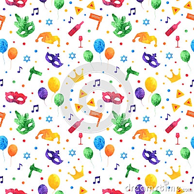 Purim seamless pattern with carnival watercolor elements. Jewish festival, endless background, texture, wallpaper Vector Illustration