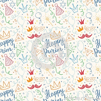 Purim seamless pattern. Traditional Jewish holiday elements, hand drawn background. vector illustration Vector Illustration