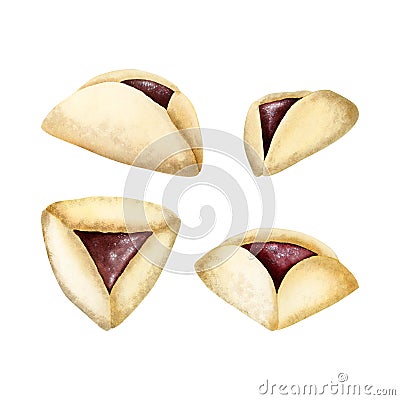 Purim traditional Jewish cookies Oznei Haman, Hamantaschen. Set of four watercolor illustration isolated on white Cartoon Illustration