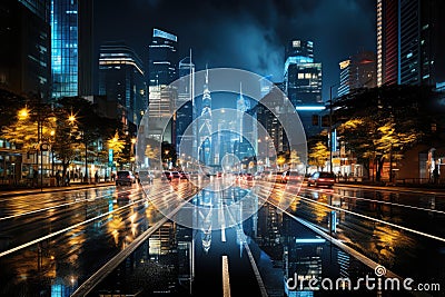 Purious urban night landscape, skyscrapers and busy streets., generative IA Stock Photo