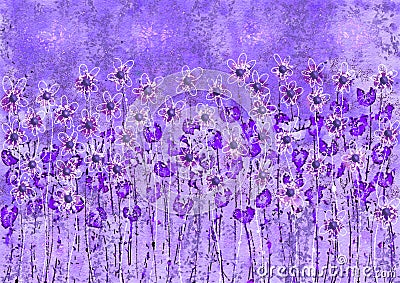 Purple abstract floral illustration, impressionistwatercolor flowers Cartoon Illustration