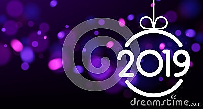 Purple abstract 2019 New Year card with Christmas ball. Vector Illustration