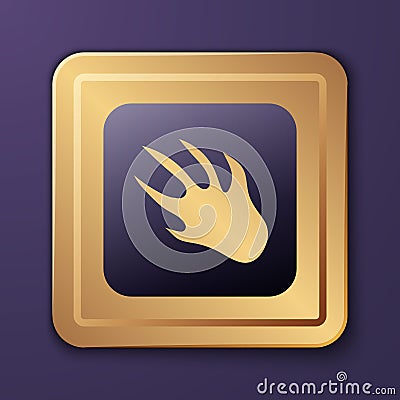 Purple Alligator crocodile paw footprint icon isolated on purple background. Gold square button. Vector Vector Illustration