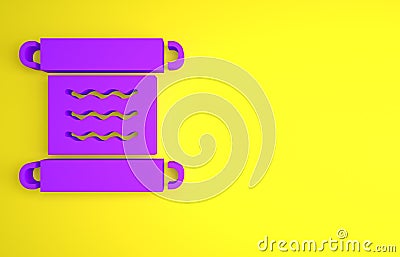 Purple Ancient papyrus scroll icon isolated on yellow background. Parchment paper. Ancient Egypt symbol. Minimalism Cartoon Illustration